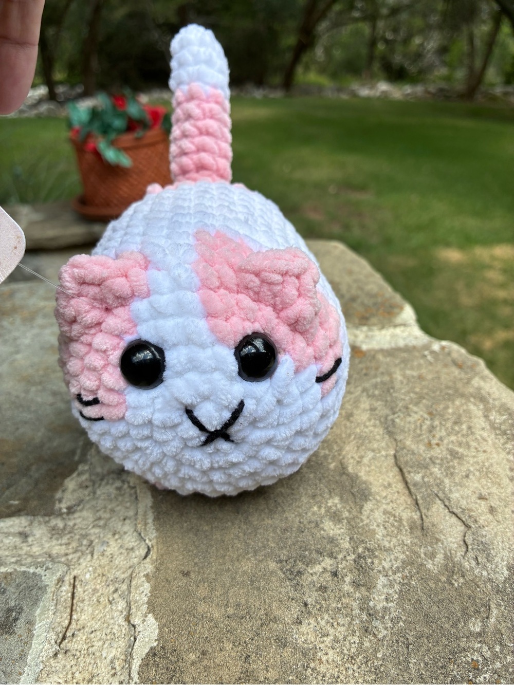 Homemade Crochet Stitches Plush Round Kitty Cat- White & Pink